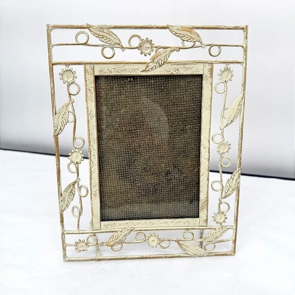Metal Picture Frame Shabby Chic Floral Distressed Cream Feminine Cottage Decor